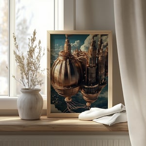 Steampunk zwevend café in de lucht - vintage industriële fantasykunst, luchtschip stadsgezicht, unieke printbare wanddecoratie, surrealistisch landschap 4