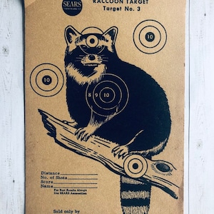 Vintage Sears Raccoon Target shooting Paper c. 1940s collectible wall art Sears Roebuck