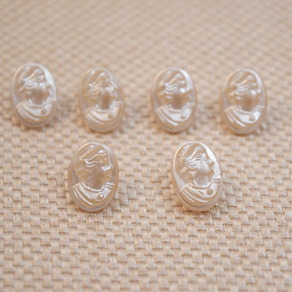 Lot of 6 Vintage Glass Shank Buttons Pearlized Cameo Mad in Occupied Japan Sewing Oval Pearl