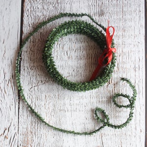 May include: A green garland with a red ribbon tied around it. The garland is made of artificial pine needles and is perfect for decorating for the holidays.