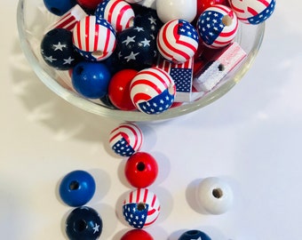 Patriotic Fourth of July American Flag wood beads DIY Garland set of 15 crafts Memorial Day red white blue