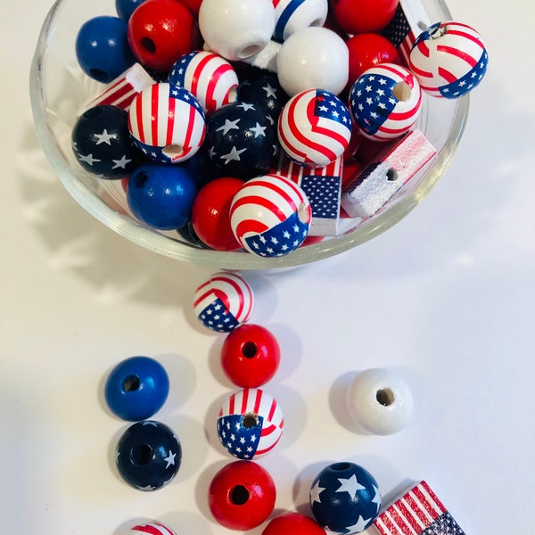 Patriotic Fourth of July American Flag wood beads DIY Garland set of 15 crafts Memorial Day red white blue