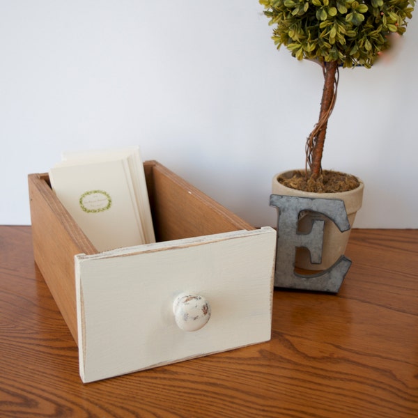 Library drawer, card catalog drawer,  wood storage box,  filing drawer , Vintage Inspired storage box, office storage, Whitewashed