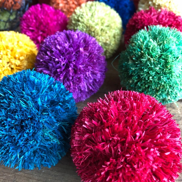 Raffia Pom Pom Natural Fiber Jewel Colors for Crafts handbags shoes embellishments 2 sizes