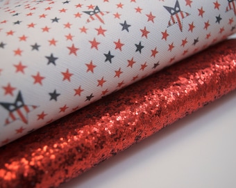 Fourth of July Red White Blue Stars Fabric Backed Sheet Leatherette 8 x 11 DIY, A4, DIY Hair bow, Glitter Fabric sheet 2 piece set