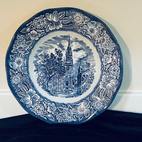 Staffordshire Liberty Blue Rimmed Soup Bowl 8.75 inch Old North Church