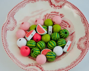 Spring Summer Watermelon wood beads DIY Garland set of 15 pink red crafts camp