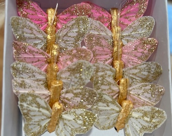 Pink pastel gold glitter butterflies set of 12 embellishments crafts wedding party