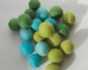 Lot of 20 mixed Colors Felt Balls, Wool Felt Balls, Felt Beads, Felt Balls, Aqua, Green,Blue, Turquoise