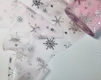 Rose Pink Tulle Ribbon Silver Snowflake Sparkles, Tulle Ribbon, Rose Tulle,  Pink Glitter Tulle 