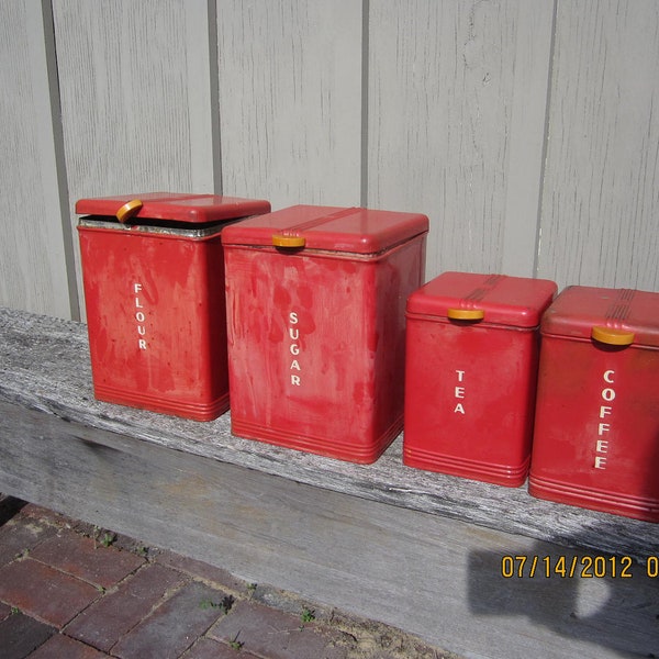Vintage 1950s Kreamer Canister Set  red 4 pieces kitchen