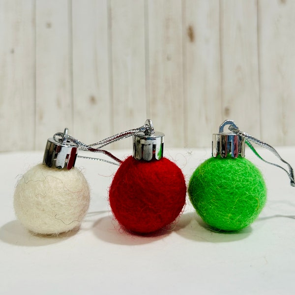 Wool Felt Ball Christmas Ornaments Mini Red Green Ivory Set of 6