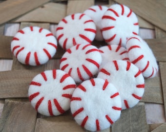 Felt Peppermint Candies, Felt Mints, Felted Candy, Peppermint Candy, Felt Beads, Felt Balls, Red, Crimson