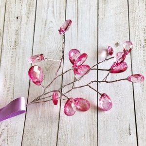 Pink Crystal Faceted wired spray millinery teardrops stamens diy headpiece