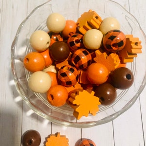 Autumn Fall leaves wood beads DIY Garland set of 15 jewelry orange black brown fall autumn