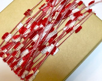 Red white candy stripe tinsel twine, Christmas tinsel trim, mini tinsel, gift wrapping ribbon, eyelash trim, butterfly