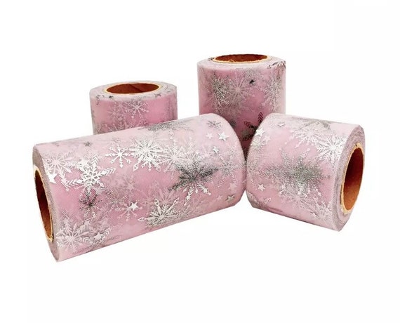 Rose Pink Tulle Ribbon Silver Snowflake Sparkles, Tulle Ribbon, Rose Tulle,  Pink Glitter Tulle 