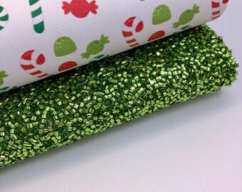 Christmas candy cane red green Vinyl Fabric Backed Sheet Leatherette 7 x 11 DIY Hair bow, Glitter Fabric sheet 2 piece set 2 styles