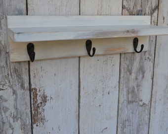 Wood Shelf Bathroom Kitchen Distressed Cottage Style Ivory Cream  Barn wood with Hooks