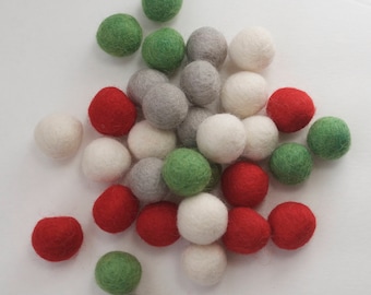 Lot of 30 mixed Christmas Colors Felt Balls, Christmas Felt Balls, Felt Beads, Felt Balls, Red, Green, White, Gray