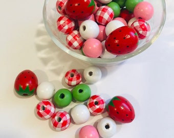 Spring Summer Strawberry wood beads DIY Garland set of 15 pink red crafts Mothers Day