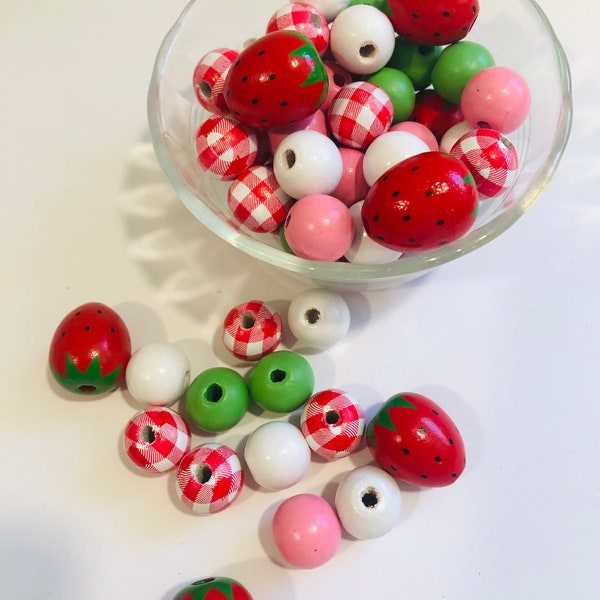 Spring Summer Strawberry wood beads DIY Garland set of 15 pink red crafts Mothers Day