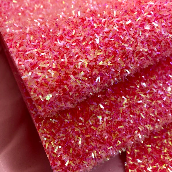 Coral Pink Fuzzy Tinsel Opalescent Shimmer Glitter Fabric Sheet leatherette  chunky 8 x 11 DIY, A4 glitter sheet, hair bows