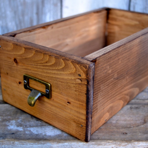 Library drawer, card catalog drawer,  wood storage box, handmade , Vintage Inspired storage box, office storage