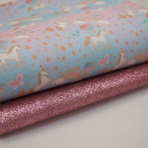 Pastel Pink Blue  Unicorn Fabric Backed Sheet Leatherette 8 x 11 DIY, A4, DIY Hair bow, Glitter Fabric sheet 2 piece set