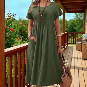 Relaxed Fit Plus Size Dress for Women, Boho Summer Dress with Pockets, Casual Cotton Midi Dress