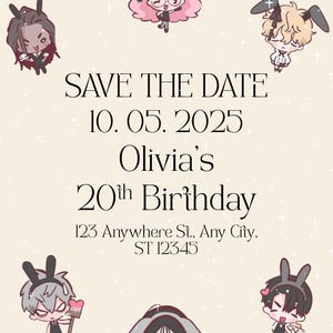 May include: A beige invitation card with cartoon characters wearing bunny ears. The text reads "SAVE THE DATE 10. 05. 2025 Olivia's 20th Birthday" with an address below. The card has a whimsical, celebratory theme.