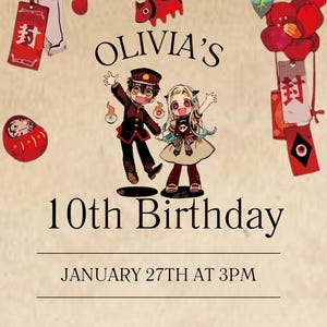May include: A birthday invitation featuring the text "OLIVIA'S 10th Birthday". The design incorporates cartoon characters, red floral elements, and Japanese-style tags. The date and time are January 27th at 3 PM. Contact details are also present.