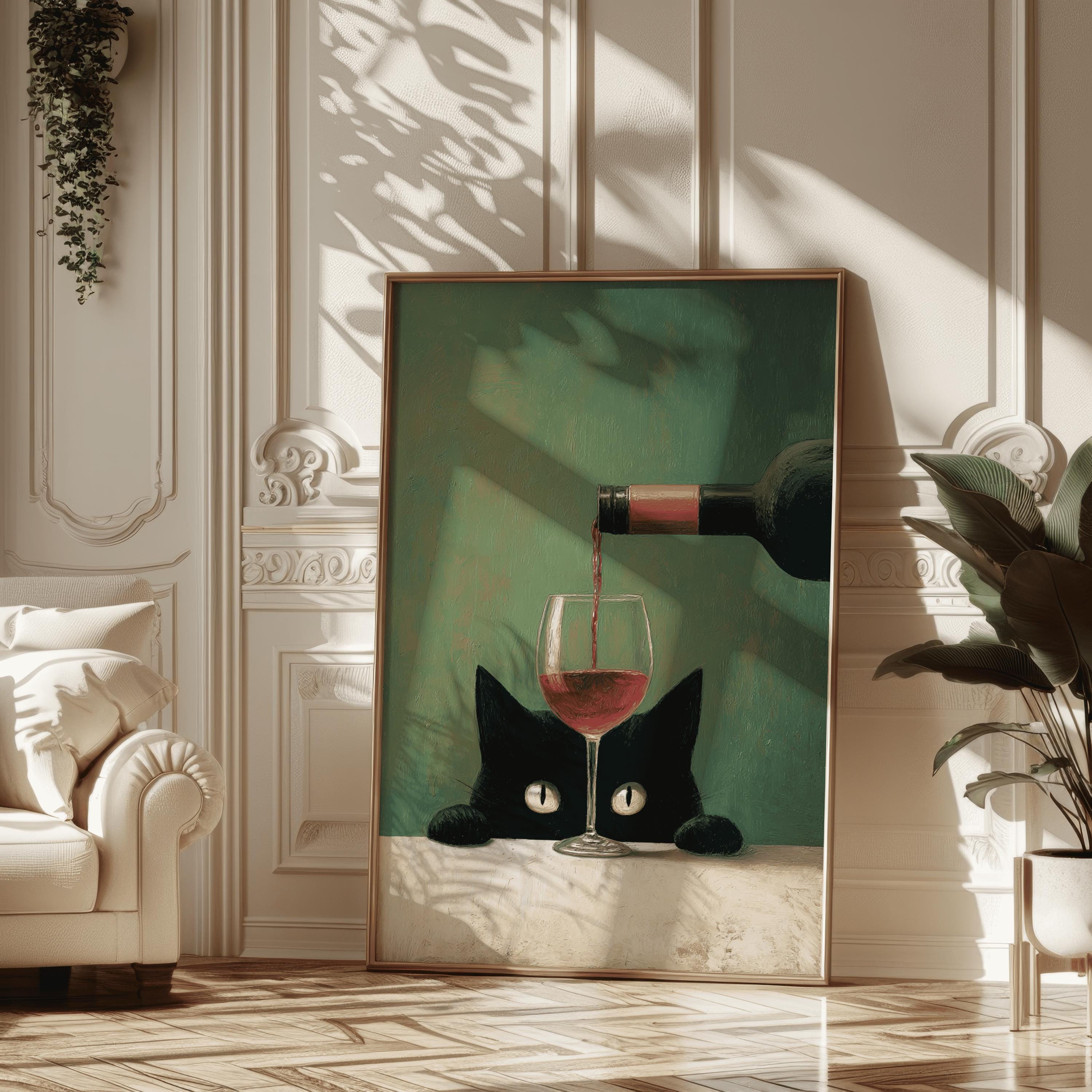 Wall Art Print Black Cat: With Wine Glass Painting for Kitchen or ...