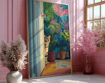 Cat Wall Art Print: Botanical Plant Poster, Home Décor for Cat Lovers