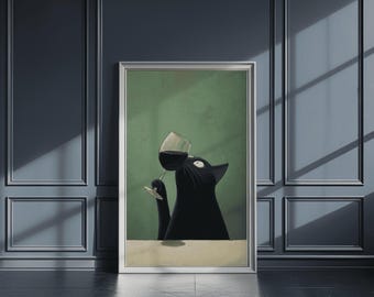 Wall Art Print Cat with Wine Glass: Modern Minimalist Painting for Home or Bar Decor