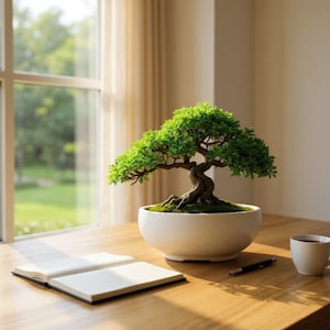 Könnte beinhalten: Ein Bonsai-Baum mit leuchtend grünen Blättern und einem strukturierten braunen Stamm steht in einem weißen Keramiktopf. Der Baum steht auf einem Holztisch neben einem offenen Notizbuch, einem Stift und einer Tasse Kaffee. Im Hintergrund ist ein Fenster mit Blick ins Grüne.