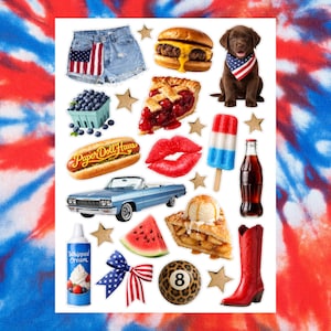 May include: A collection of American-themed images on a red, white, and blue tie-dye background. Includes a hamburger, cherry pie, a puppy with a bandana, a convertible car, a hot dog, a popsicle, a bottle of soda, denim shorts, and a cowboy boot.