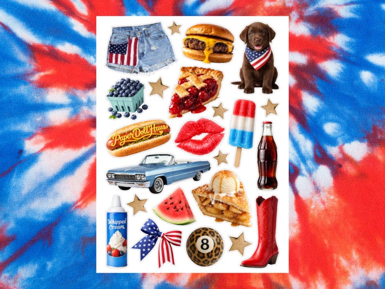 May include: A collection of American-themed images on a red, white, and blue tie-dye background. Includes a hamburger, cherry pie, a puppy with a bandana, a convertible car, a hot dog, a popsicle, a bottle of soda, denim shorts, and a cowboy boot.
