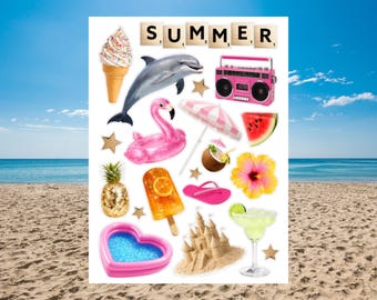 Summer Sticker Sheet for Junk Journal, Seasonal Sticker, Summer Vacation Scrapbook Sticker, Scrapbook Sticker, Beach Sticker for Planner