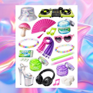 May include: A collection of stickers featuring a holographic bucket hat, DJ turntables, a pink fan, a mushroom, a bracelet, a scarf, heart-shaped sunglasses, a Menthol Salve jar, a pack of mints, body glitter, high heels, headphones, and musical notes.