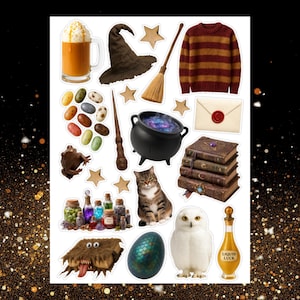 May include: A collection of stickers featuring magical themed items. Includes a witch's hat, broom, wand, cauldron, books, owl, cat, and other fantasy elements. The stickers are colorful and detailed, perfect for crafting or decorating.