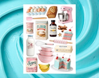 May include: A collection of baking-themed stickers featuring a pink stand mixer, cake, flour, sugar, eggs, butter, vanilla extract, and other baking essentials. The stickers have a vintage aesthetic with pastel colors and a focus on kitchen tools and ingredients.