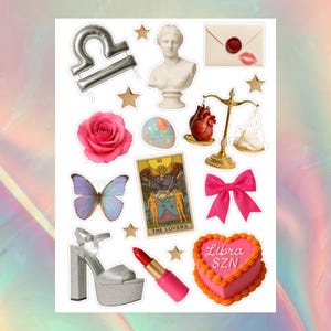 May include: A collection of stickers featuring a silver Libra symbol, a bust, a rose, a butterfly, a tarot card, a high-heeled shoe, a lipstick, a heart-shaped cake with "Libra SZN" text, a bow, and a scale.