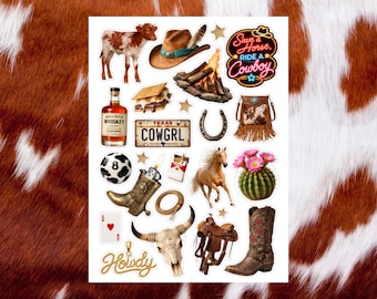 May include: A sticker sheet featuring Western-themed illustrations including a calf, cowboy hat, campfire, whiskey bottle, s'mores, Texas license plate, horseshoe, fringe bag, 8-ball, lighter, cigarettes, horse, cactus, boot, lasso, ace card, skull, saddle, and the text "Save a Horse, RIDE A COWBOY" and "Howdy".