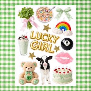 May include: A collage of whimsical images including a teddy bear, a cow, a milkshake, a cake, a rainbow candle, a bow, a bouquet of clovers, a bowl of cereal, a pool ball, and pink lips. The words "LUCKY GIRL" are in gold letters.