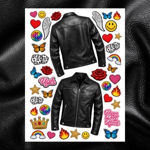 May include: A black leather jacket with a classic design, displayed with colorful stickers including hearts, butterflies, and a peace sign. The image also features the text "Ugh" and "Paper Doll Haus".
