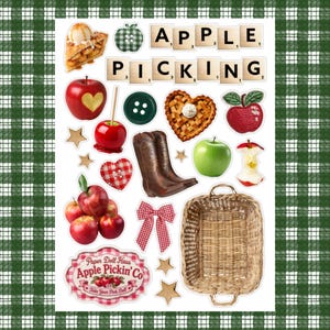 May include: A sticker sheet featuring apple picking themed illustrations including red apples, a wicker basket, a brown boot, a heart-shaped pie, a red and white gingham bow, gold stars, and letter tiles spelling out APPLE PICKING with a logo at the bottom.