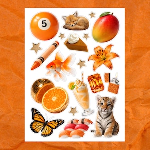 May include: A sticker sheet featuring various orange-themed illustrations. Includes a billiard ball, fox, mango, flower, crayon, goldfish, disco ball, orange slice, butterfly, sushi, tiger cub, and a milkshake.