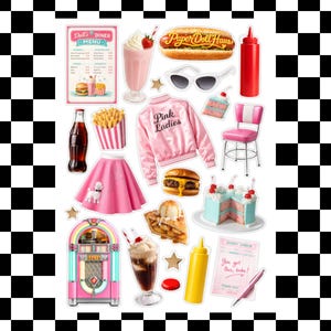 May include: A collection of retro diner-themed stickers. Includes a pink jacket with "Pink Ladies" text, a milkshake, a burger, a jukebox, a pink skirt, a soda bottle, fries, and a diner menu.