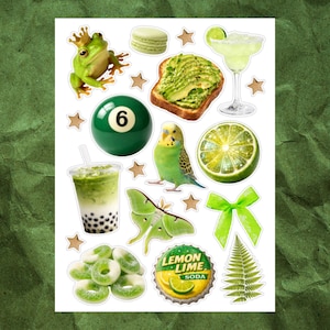 May include: A sticker sheet featuring various green-themed illustrations. Includes a frog, a pool ball with the number 6, a margarita, avocado toast, a parakeet, a lime, a bow, and a soda bottle cap that says "Lemon Lime Soda".